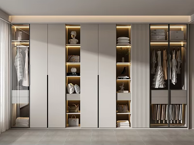 Modern Minimalist Wardrobe With Glass Doors Shelves Hanging Folded Clothes And Shoes 3d model