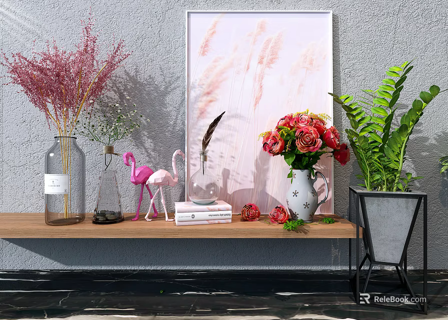 Decorative Vases With Pink Flowers Green Ferns And Artwork On Wooden Shelf 3d model 