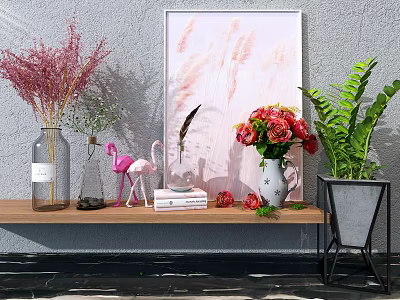 Decorative Vases With Pink Flowers Green Ferns And Artwork On Wooden Shelf 3d model
