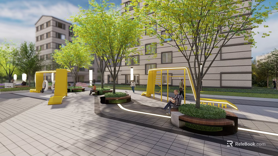 Outdoor Community Recreational Area With Yellow Playground Structures Green Trees Benches And Surrounding Buildings 3d model 