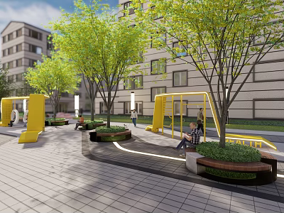 Outdoor Community Recreational Area With Yellow Playground Structures Green Trees Benches And Surrounding Buildings 3d model