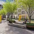 Outdoor Community Recreational Area With Yellow Playground Structures Green Trees Benches And Surrounding Buildings