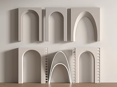 Gray Arch Decor with Various Designs Mounted on White Wall and Wooden Floor 3d model