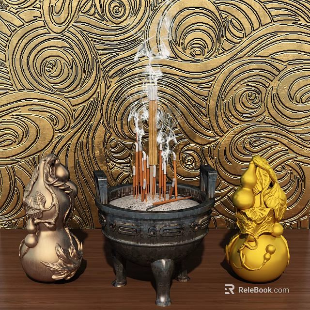 Elegant Decorative Ornament Set With Incense Burner Gourd Ornaments And Golden Spiral Background 3d model 