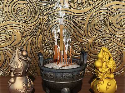 Elegant Decorative Ornament Set With Incense Burner Gourd Ornaments And Golden Spiral Background 3d model