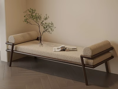 Beige Bench with Wooden Frame Holding Glass Vase Green Plant and Book on Herringbone Floor 3d model