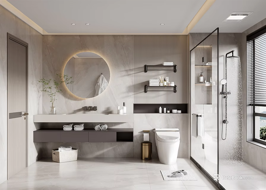 Modern Bathroom Interior With Round Mirror Glass Shower Marble Vanity And Shelves 3d model 