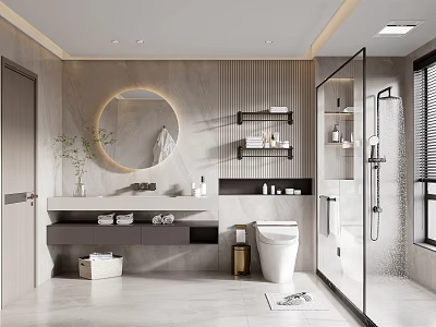 Modern Bathroom Interior With Round Mirror Glass Shower Marble Vanity And Shelves 3d model