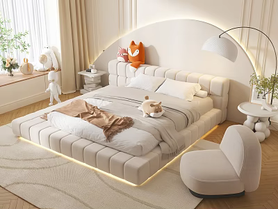 Cozy Modern Double Bed With Arc Shaped LED Light Headboard Plush Pillows And Stuffed Toys 3d model