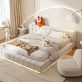 Cozy Modern Double Bed With Arc Shaped LED Light Headboard Plush Pillows And Stuffed Toys