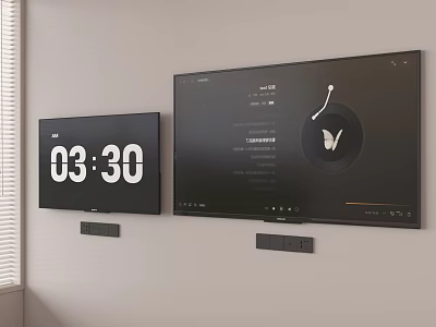 Two Wall Mounted TVs with Digital Time Display and Butterfly Icon Interface 3d model