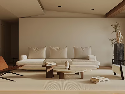 Warm Modern Living Room Interior With Beige Sofa Wooden Coffee Table Light Rug And Potted Plant 3d model