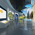 Modern Technology Exhibition Hall With Blue Gear Patterns Large Screens Display Stands And Ambient Lighting