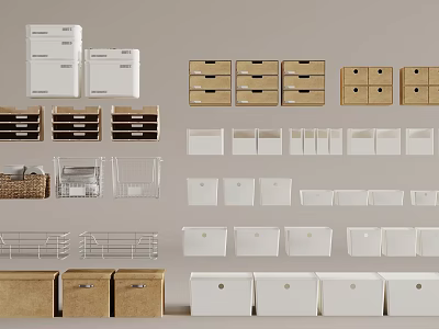 Different Storage Baskets In Woven Plastic And Wooden Designs With White Brown Colors For Home Organization 3d model