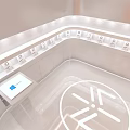Bright Modern Exhibition Space With Orange Display Panel White Geometric Floor And Recessed Lights