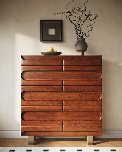 Wooden Chest of Drawers Featuring Curved Drawer Fronts Top Vase and Framed Wall Art 3d model
