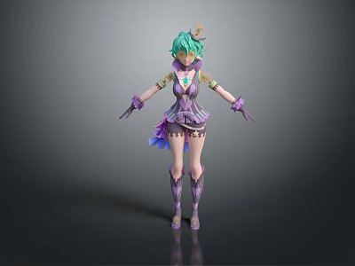 Elegant 3D Character With Green Hair Purple Outfit Headpiece And Decorative Accessories 3d model