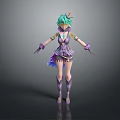 Elegant 3D Character With Green Hair Purple Outfit Headpiece And Decorative Accessories