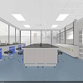 Modern Laboratory Interior Design With Lab Benches Cabinets And Large Windows 3d model