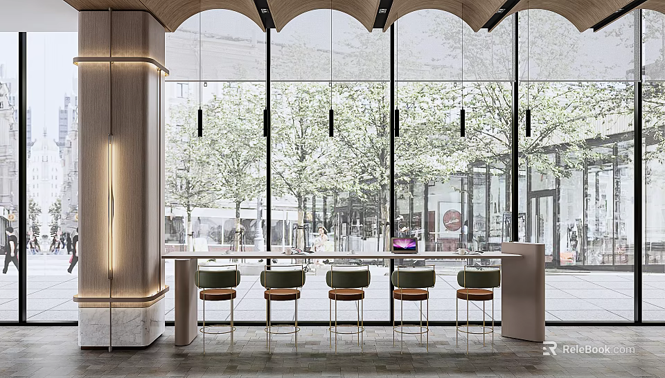 Modern Long Bar Counter With Green Chairs And Large Windows Overlooking Trees 3d model 