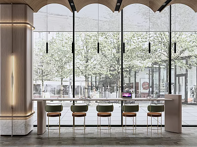 Modern Long Bar Counter With Green Chairs And Large Windows Overlooking Trees 3d model