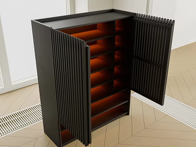 Black Modern Wine Cabinet With Louvered Doors And Tiered Lighting Shelves 3d model