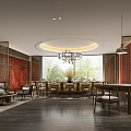 Chinese Style Private Dining Room With Round Table Chandelier Sofa And Window View 3d model