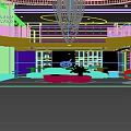Modern Hotel Lobby Design With Red Curved Ceiling Black Artwork And Marble Floor