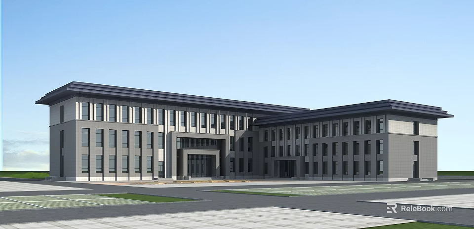 Modern Gray Office Building With Large Windows And Symmetrical Facade Design 3d model