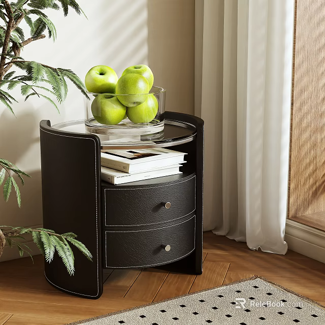 Black Nightstand with Two Drawers Glass Top and Green Apples in Glass Bowl Near Plant 3d model 