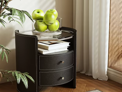 Black Nightstand with Two Drawers Glass Top and Green Apples in Glass Bowl Near Plant 3d model