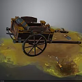 Vintage Wooden Cart with Large Wheels Barrel and Tools on Yellow Ground