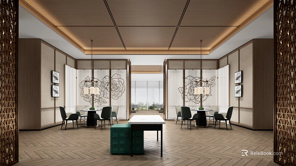 Modern Restaurant Interior With Wooden Ceiling Patterned Pendant Lights Dining Tables And Herringbone Flooring 3d model 