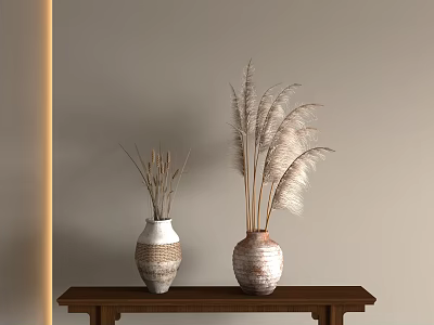 Decorative Ceramic Vases With Dried Pampas Grass On Wooden Table Against Beige Wall 3d model