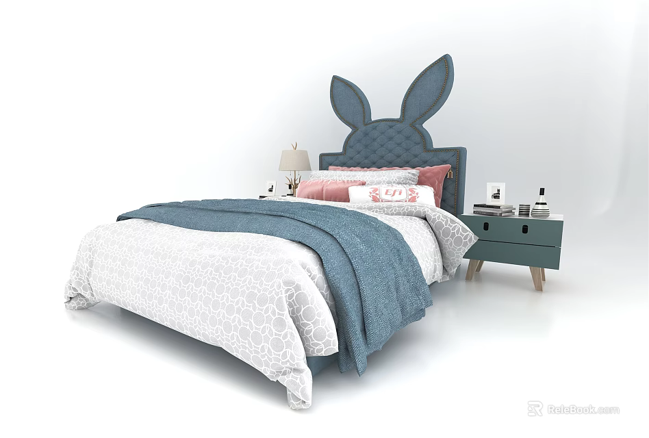 Kids Bed with Rabbit Ear Headboard Blue and White Quilt Pink Pillows and Nightstand 3d model 