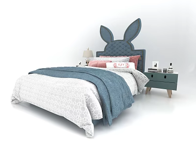 Kids Bed with Rabbit Ear Headboard Blue and White Quilt Pink Pillows and Nightstand 3d model