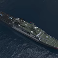 Modern Warship Floating on Water With Glass Buildings and Trees Background Displaying Number 888