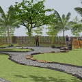 Rural Countryside Landscape With Palm Trees Green Trees Stone Pathway And Wooden Cart