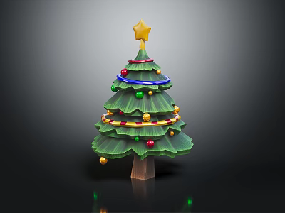 Christmas Tree with Yellow Star on Top Colorful Baubles Garlands and Green Foliage 3d model