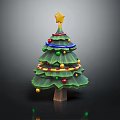 Christmas Tree with Yellow Star on Top Colorful Baubles Garlands and Green Foliage