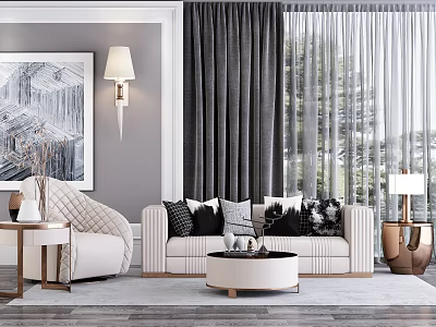Modern Sofa And Coffee Table Set With Decorative Pillows Curtains Area Rug And Wall Art 3d model