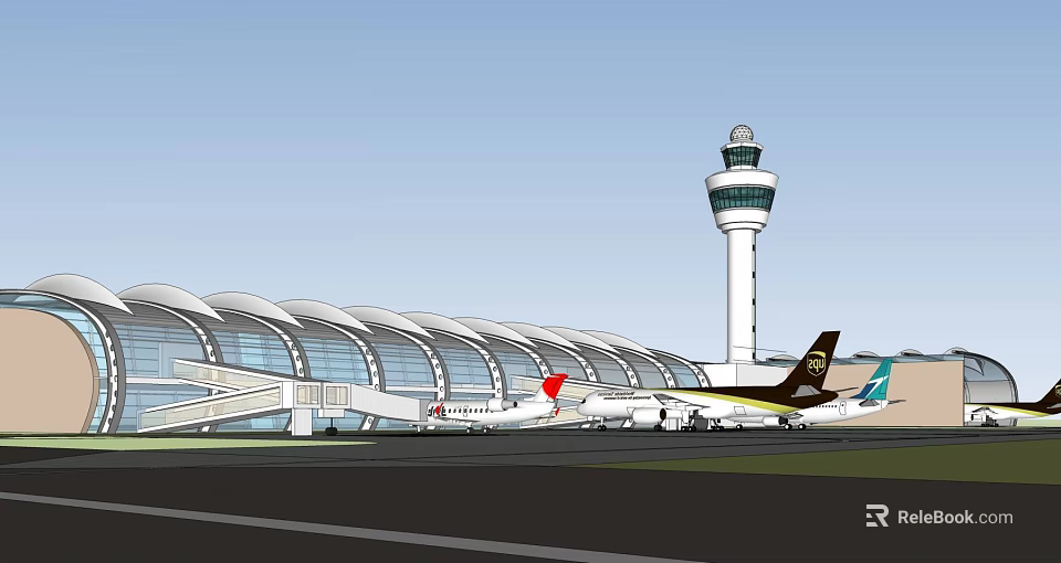 Modern Airport Terminal With Glass Structure Control Tower And Parked Airplanes 3d model 