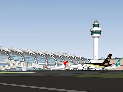 Modern Airport Terminal With Glass Structure Control Tower And Parked Airplanes 3d model