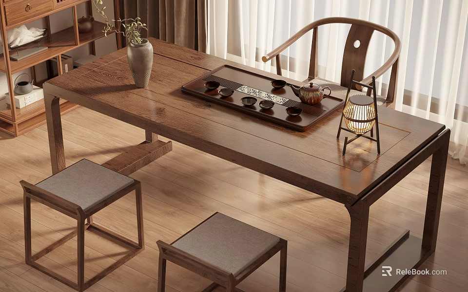 Traditional Wooden Tea Table With Chairs Stools And Tea Set For Indoor Use 3d model 