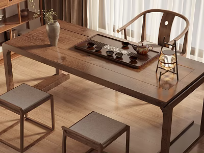 Traditional Wooden Tea Table With Chairs Stools And Tea Set For Indoor Use 3d model