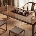 Traditional Wooden Tea Table With Chairs Stools And Tea Set For Indoor Use
