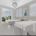SPA Interior With Massage Tables White Sheets Elegant Chandelier Large Windows View And Green Plants