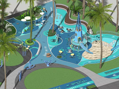 Outdoor Children's Play Area With Palm Trees Water Features Slide And Sand Pit 3d model