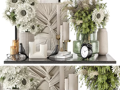 Elegant Ceramic Vessels Display With Green Plants White Flowers And Decorative Clock On Shelf 3d model