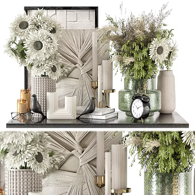 Elegant Ceramic Vessels Display With Green Plants White Flowers And Decorative Clock On Shelf 3d model